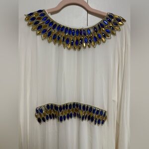 Embellished Ivory Maxi Dress with Blue & Gold Accents